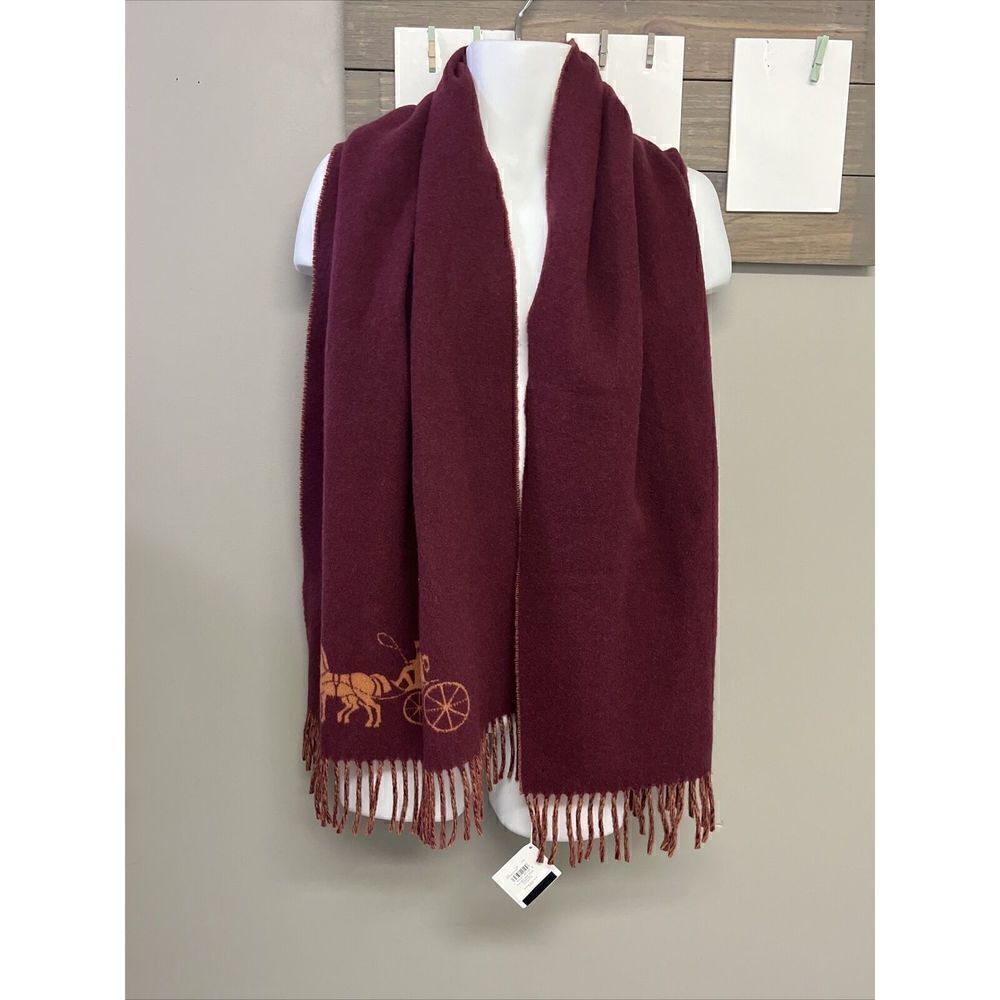 Coach Horse & Carriage Jacquard 100% Wool Scarf/ Wrap Cherry Ginger Made Italy